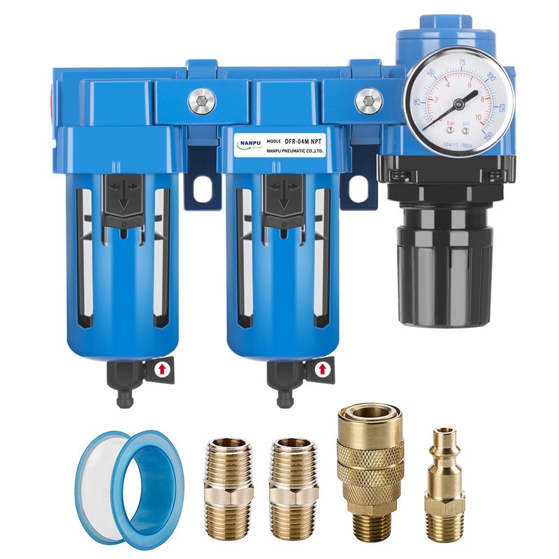 NANPU 1/2" NPT Air Drying System - Double Air Filters, Air Pressure Regulator Combo - Manual Drain, Poly Bowl - DFR-04M - Image 1